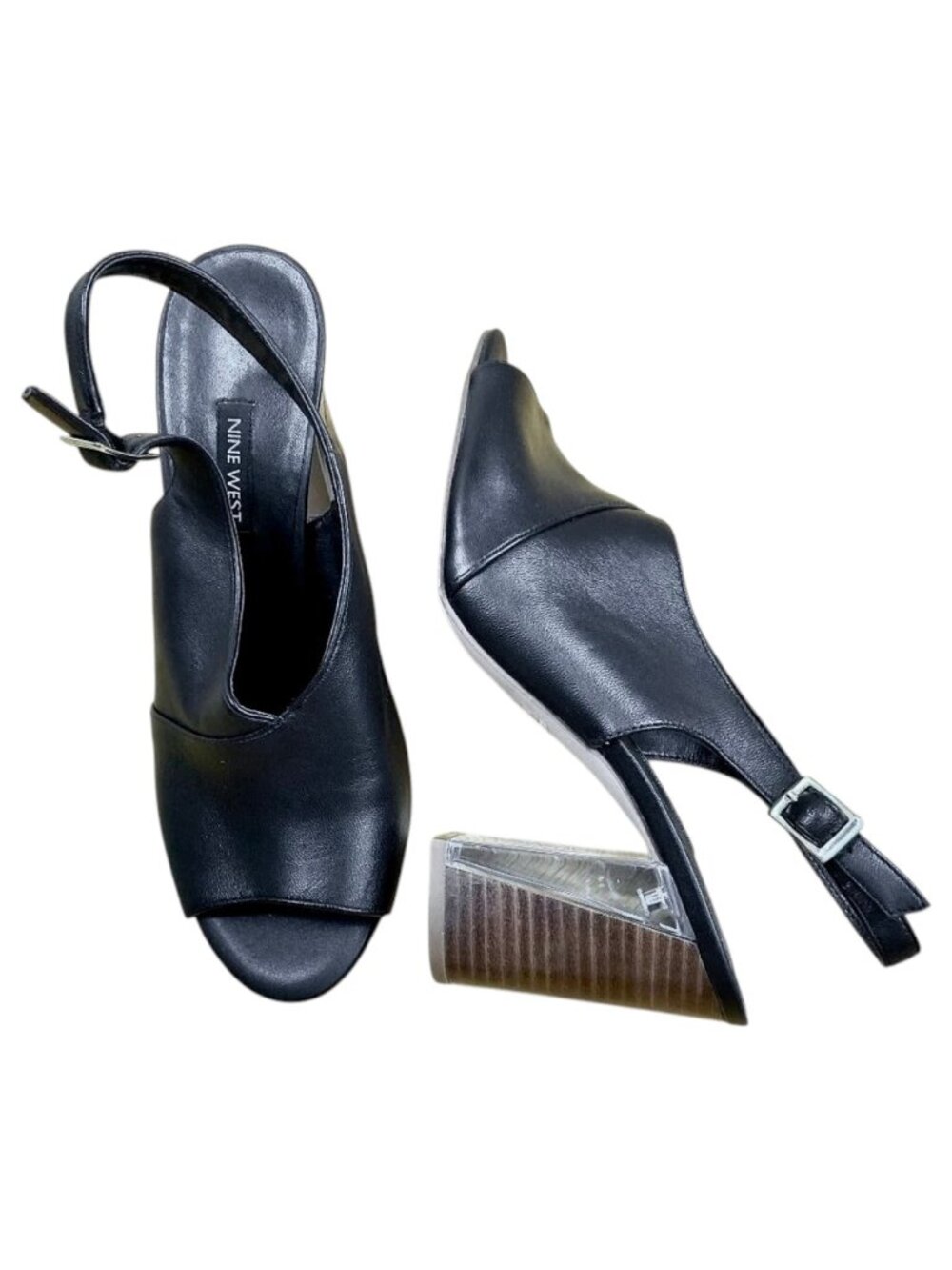 Nine West Heels Leather Peep Toe Slingback Black Morenzo (9)